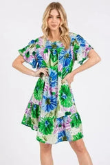 Ces Femme Floral Ruffled Short Sleeve Dress - Femstylo