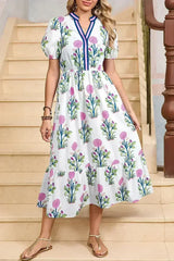 Blue Floral Ruffle Hem Pop of Color Neckline Dress - Femstylo