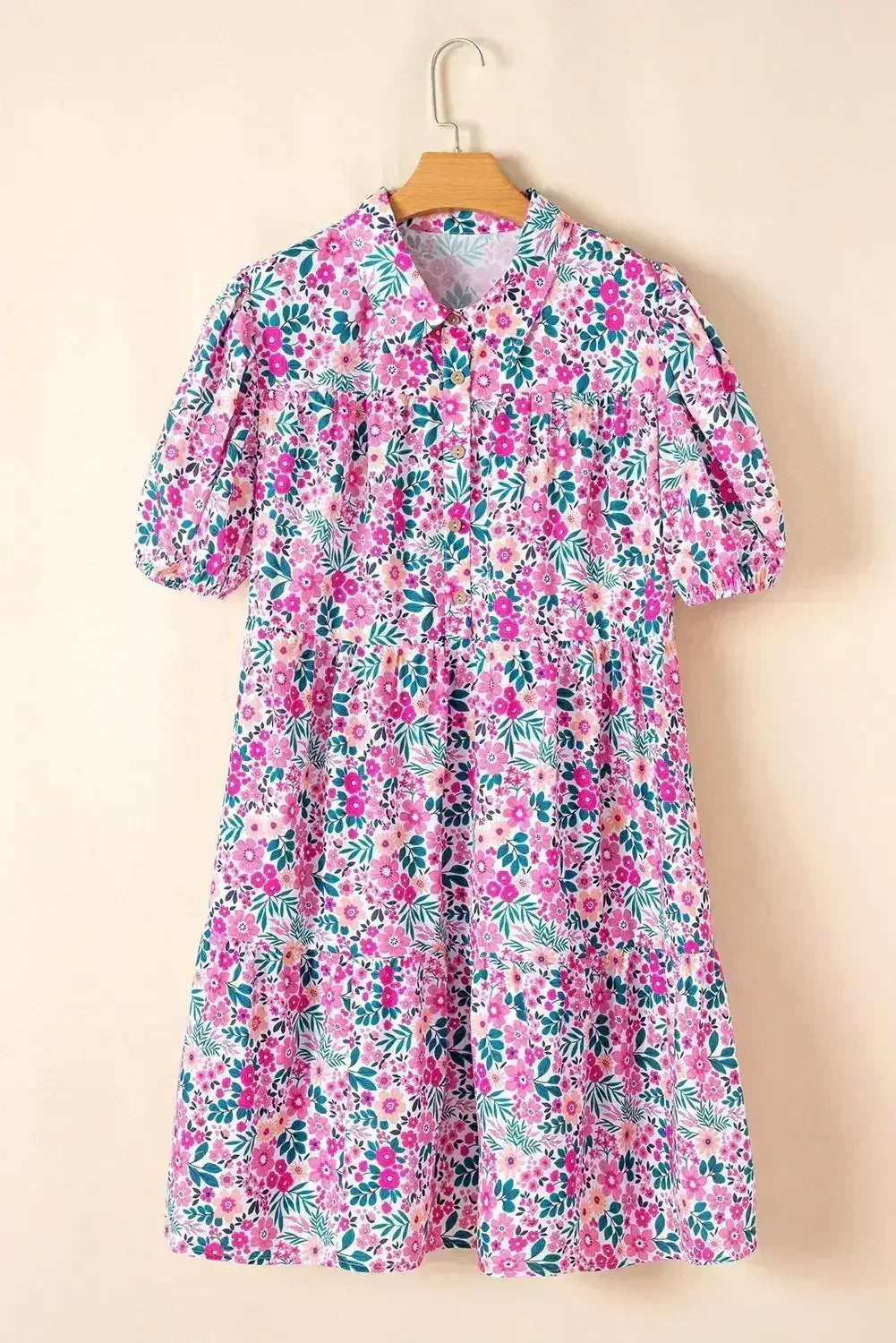 Pink Plus Size Floral Half Button Puff Sleeve A Line Dress - Femstylo