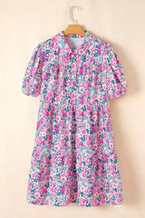Pink Plus Size Floral Half Button Puff Sleeve A Line Dress - Femstylo
