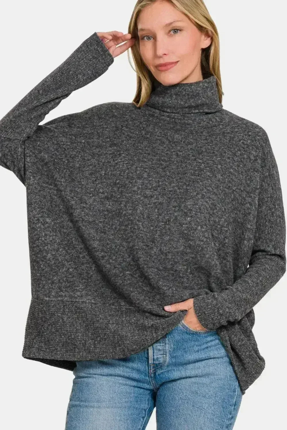 Full Size Brushed Melange Hacci Turtleneck Sweater | Femstylo - Femstylo