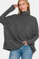 Full Size Brushed Melange Hacci Turtleneck Sweater | Femstylo - Femstylo