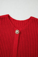 Fiery Red Solid Textured Knit Side Pockets Buttoned Sweater Vest