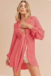 Aemi + Co Tied Collared Neck Long Sleeve Top - Femstylo