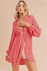 Aemi + Co Tied Collared Neck Long Sleeve Top - Femstylo