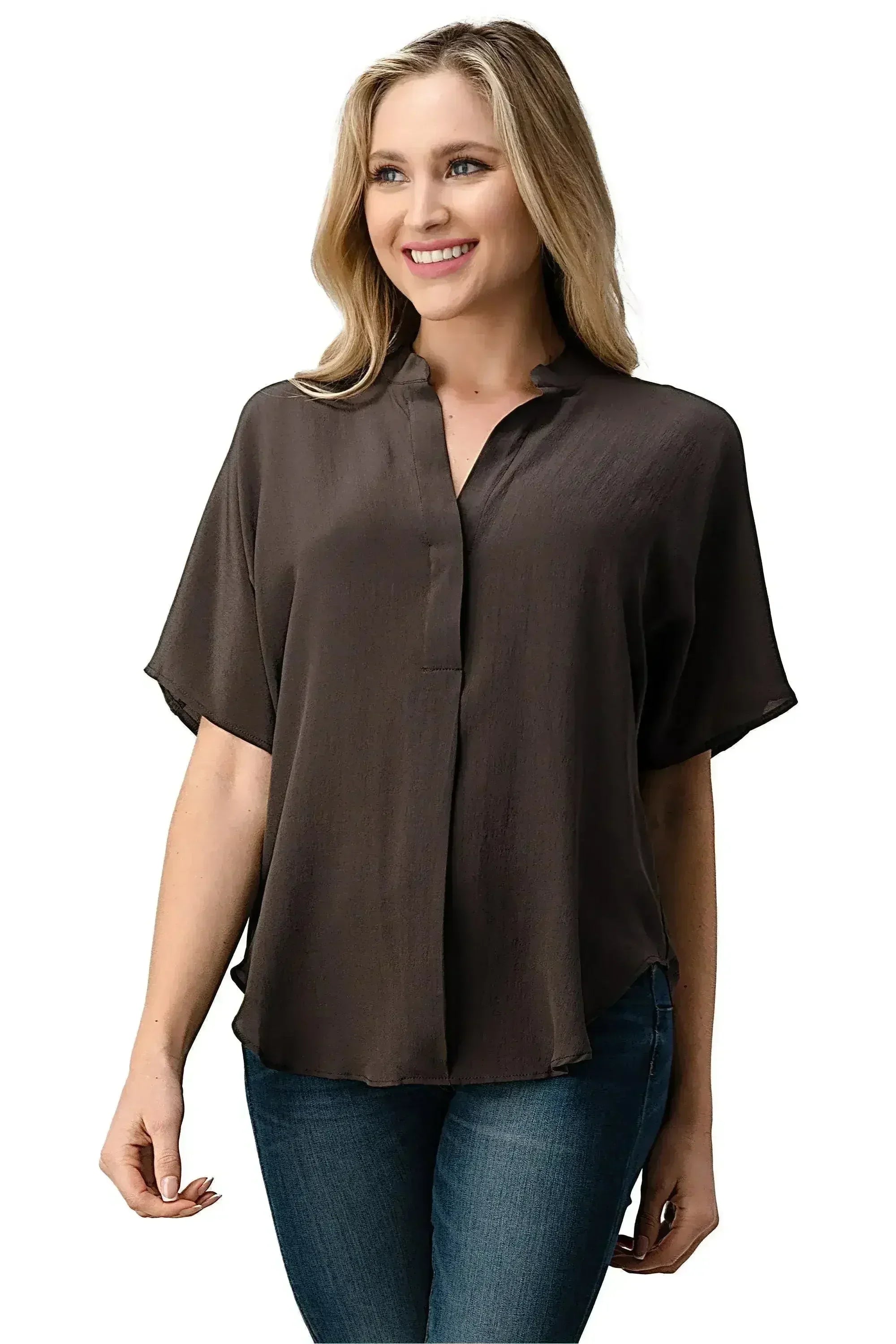 Effortless Dark Grey Oversized Button-Up Blouse for Women - Femstylo