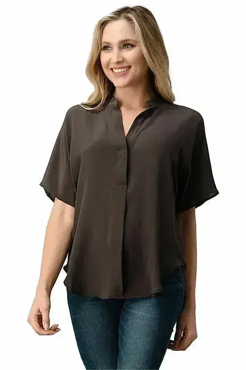 Effortless Dark Grey Oversized Button-Up Blouse for Women - Femstylo