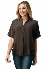 Effortless Dark Grey Oversized Button-Up Blouse for Women - Femstylo