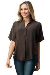 Effortless Dark Grey Oversized Button-Up Blouse for Women - Femstylo