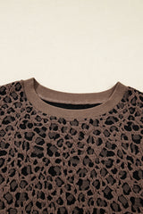 Brown Ribbed Trim Leopard Print Long Sleeve Top