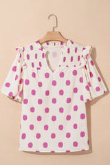 Rose Polka Dot Print Shirred Notched Neck Puff Sleeve Blouse