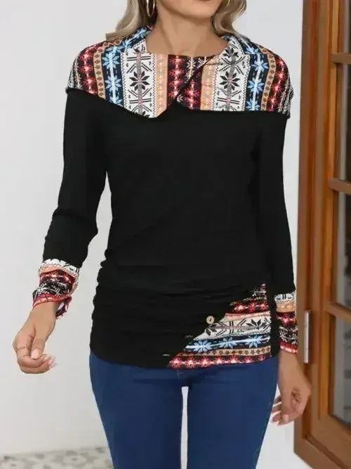 Printed Collared Neck Long Sleeve Blouse – Femstylo - Femstylo