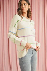 White Rainbow Striped Drop Sleeve Henley Sweater - Femstylo