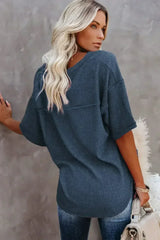 Blue Exposed Seam Drop Sleeve V Neck Waffle Textured Top - Femstylo