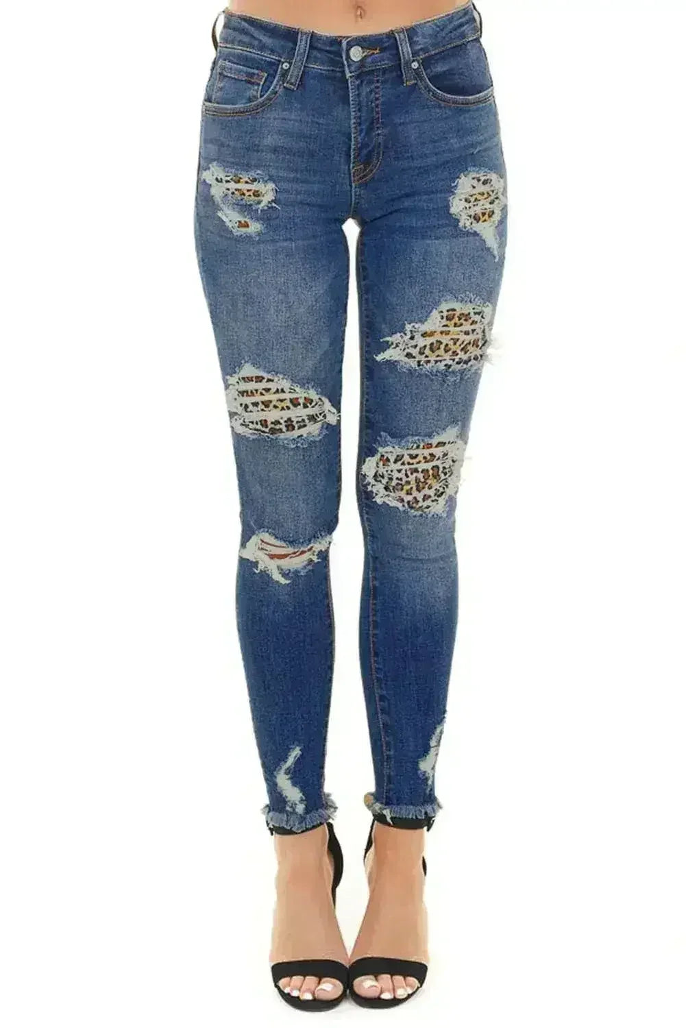 Women's Dark Blue Leopard Print Distressed Washed Skinny Jeans - Femstylo