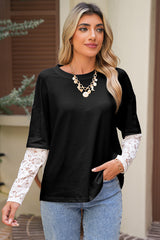 Black Fake Two-Piece Lace Long Sleeve Drop Shoulder Tee