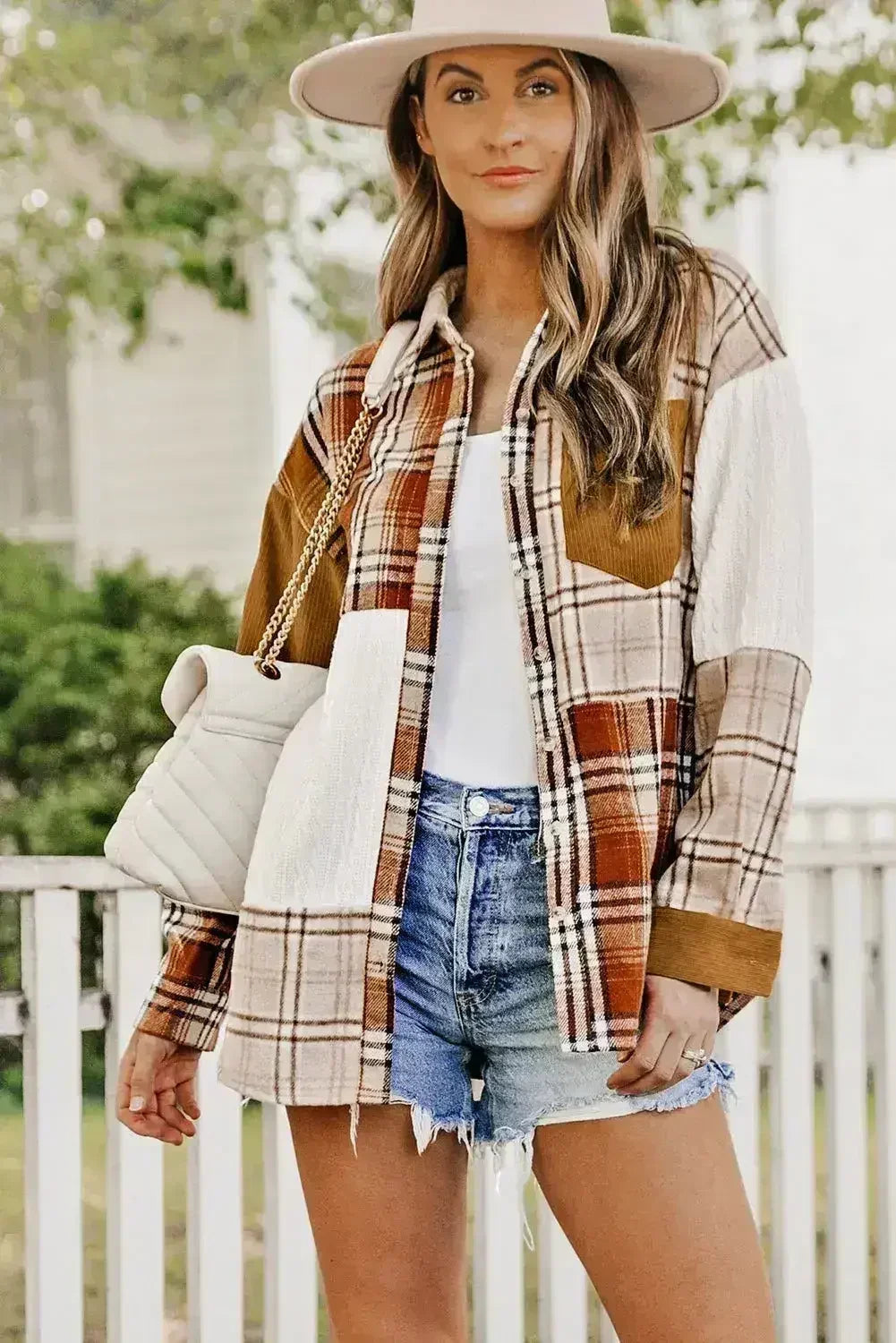 Plaid Color Block Patchwork Shirt Jacket with Pocket - Femstylo