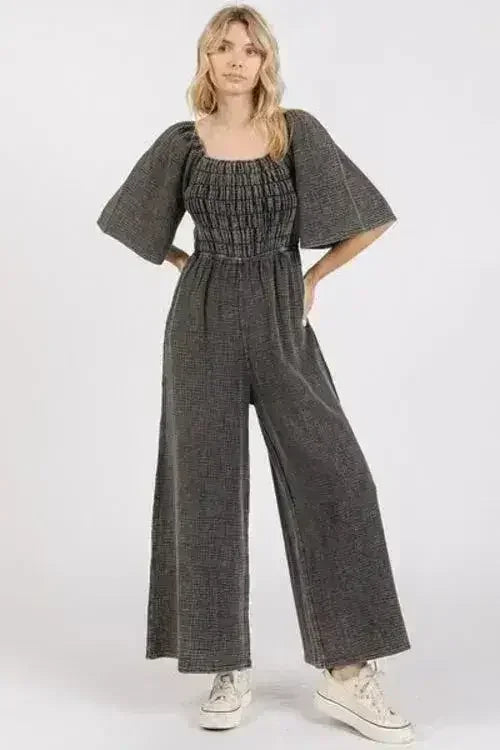 Mittoshop Mineral Wash Wide Leg Jumpsuit - Gauze Ruched Style - Femstylo
