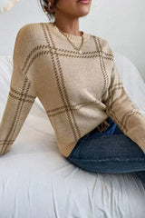 Khaki Plaid Pattern Knitted Drop Shoulder Sweater - Femstylo