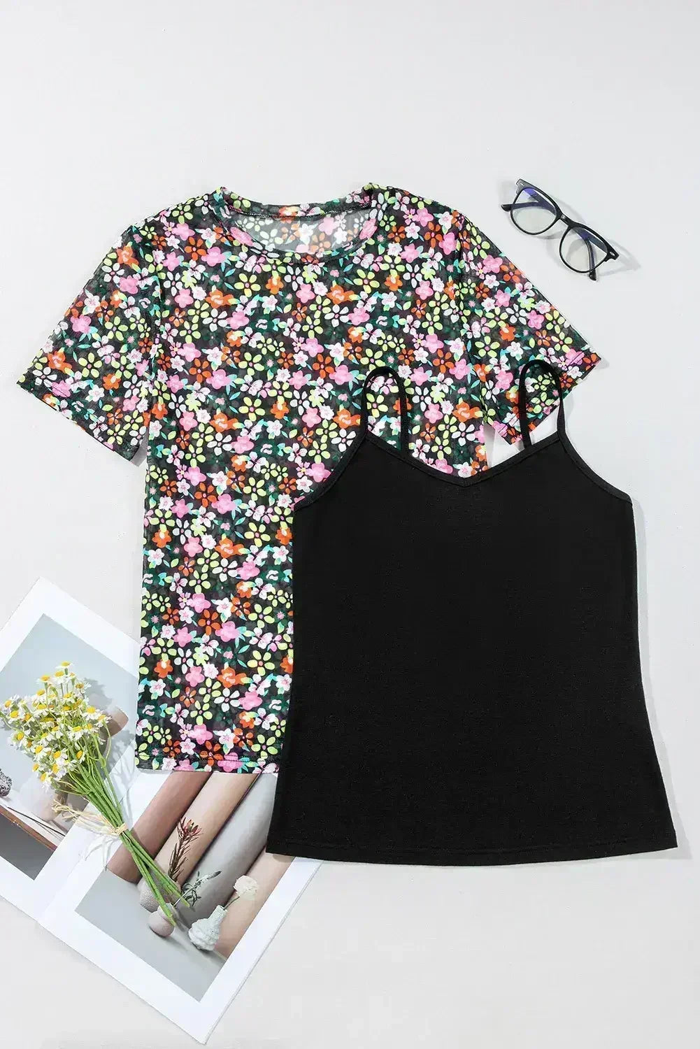 Black Sheer Mesh Floral Round Neck T Shirt with Camisole - Femstylo