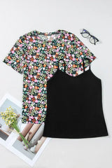 Black Sheer Mesh Floral Round Neck T Shirt with Camisole - Femstylo