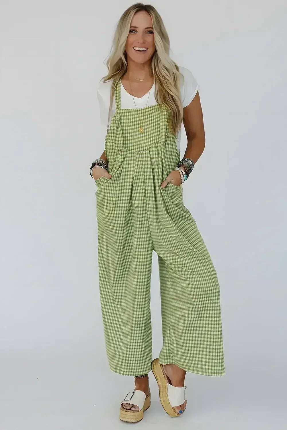 Green Gingham Wide Leg Pockets Loose Overall - Femstylo