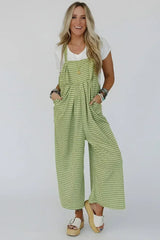 Green Gingham Wide Leg Pockets Loose Overall - Femstylo
