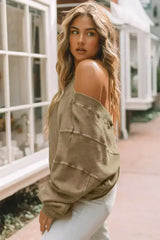 Khaki Exposed Seam Twist Open Back Oversized Sweatshirt - Femstylo