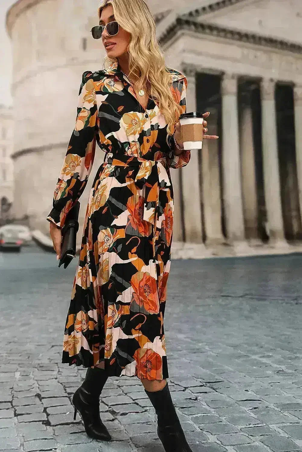 Floral Pleated Shirt Dress - Waist Tie Midi Dress | Femstylo - Femstylo