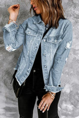 Light Blue Distressed Denim Jacket with Raw Hem – Femstylo