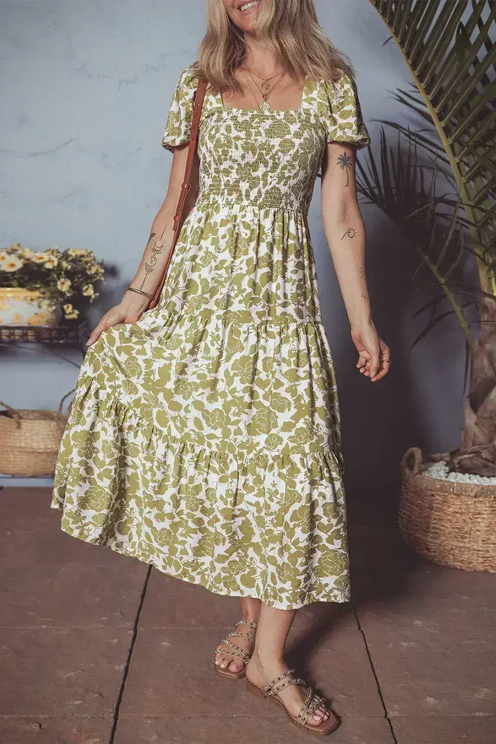 Yellow Boho Floral Print Square Neck Puff Sleeve Tiered Maxi Dress - Femstylo