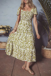 Yellow Boho Floral Print Square Neck Puff Sleeve Tiered Maxi Dress - Femstylo