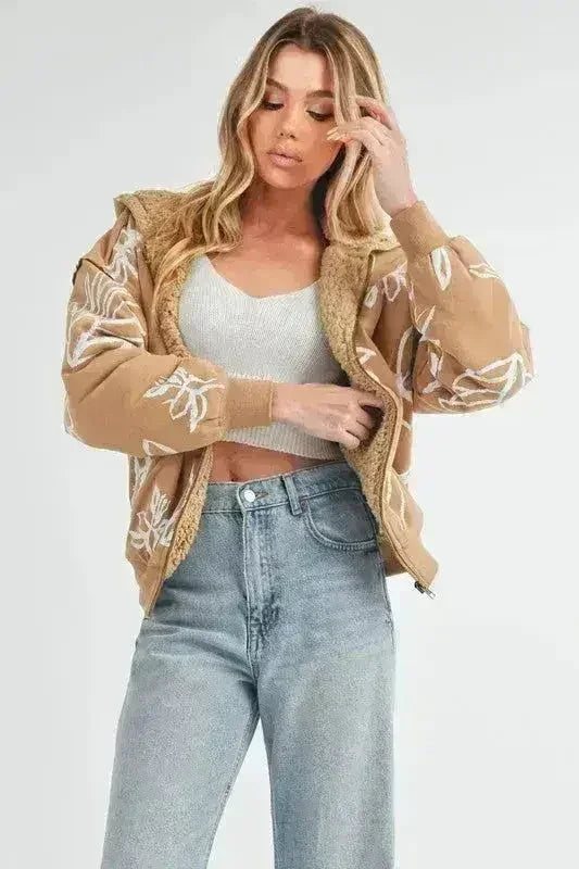 Floral Sherpa Hoodie - Zip-Up Fleece Jacket with Pockets - Femstylo