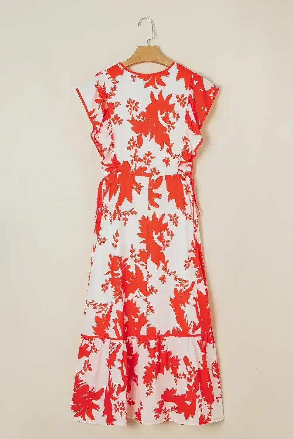 Red Floral Print Trimmed V Neck Ruffle Sleeve Maxi Dress - Femstylo