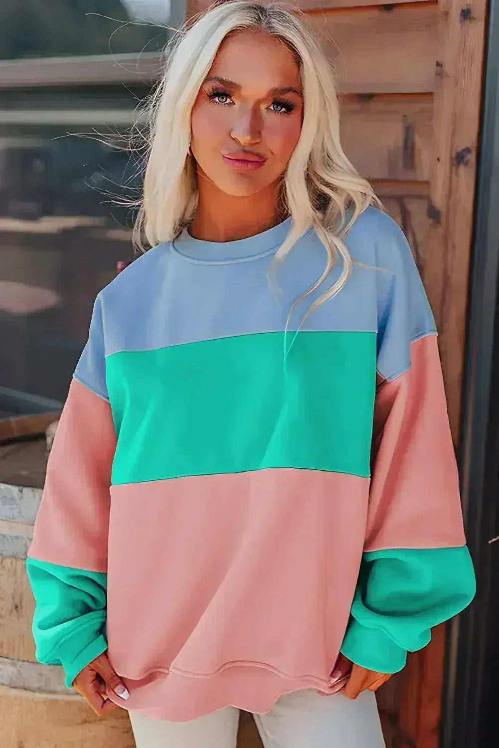 Blossom Colorblock Patchwork Drop Shoulder Sweatshirt - Femstylo