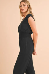 Black Shirred High Waist V Neck Sleeveless Jumpsuit - Femstylo