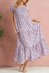 Purple Floral Short Bubble Sleeve Smocked High Waist Maxi Dress - Femstylo
