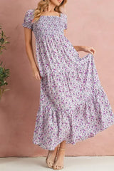 Purple Floral Short Bubble Sleeve Smocked High Waist Maxi Dress - Femstylo