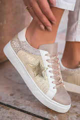 Gold Glitter Star Patchwork PU Leather Lace-up Sneakers - Femstylo