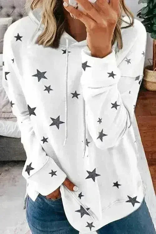 Women's Side Slits White Star Print Hoodie - Femstylo