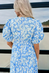 Sky Blue Floral Print Deep V Neck Puff Sleeve Flowy Dress - Femstylo