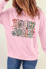 Pink HOLLY JOLLY Graphic Heat Transfer Printing Christmas Sweatshirt
