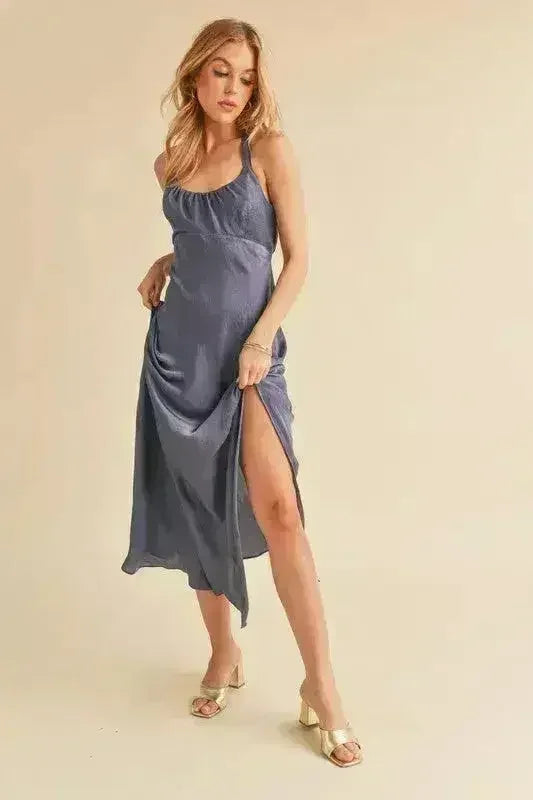 Aemi + Co Ruched Side Slit Cutout Back Maxi Cami Dress - Femstylo