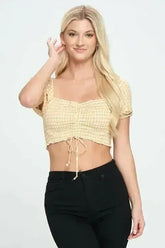 Gingham Smocked Crop Top with Puff Sleeves - Femstylo