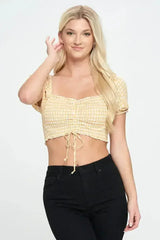 Gingham Smocked Crop Top with Puff Sleeves - Femstylo