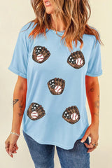 Light Blue Baseball Sequin Patched Casual T Shirt