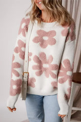 White Vintage Flower Drop Shoulder Loose Sweater - Femstylo