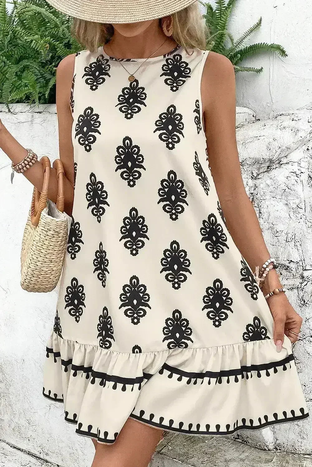 Beige Geometric Printed Sleeveless Hollowed Bowknot Back Mini Dress - Femstylo