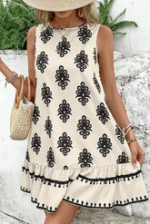 Beige Geometric Printed Sleeveless Hollowed Bowknot Back Mini Dress - Femstylo