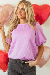 Phalaenopsis Puff Sleeve Blouse - Textured O-Neck Top | Femstylo - Femstylo